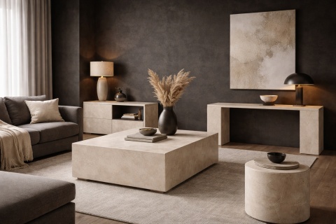 Salon z ciemnymi ścianami i meblami wykonanymi ze spieku w jasnej beżowej kolorystyce.