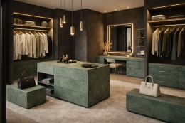 Elegancka garderoba z ciemnymi ścianami, złotymi dodatkami i meblami wykończonymi spiekiem w zielonej kolorystyce.