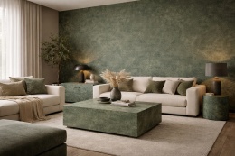 Nowoczesny salon z dekoracyjną ścianą wykończoną spiekiem kwarcowym w naturalnej mineralnej kolorystyce.