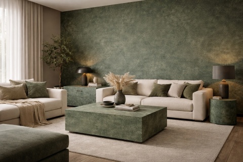 Nowoczesny salon z dekoracyjną ścianą wykończoną spiekiem kwarcowym w naturalnej mineralnej kolorystyce.