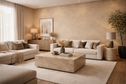 Przestronny salon z dekoracyjną ścianą pokrytą spiekiem Laminam Gemini Pelle w jasnej beżowej tonacji.