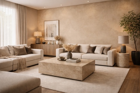 Przestronny salon z dekoracyjną ścianą pokrytą spiekiem Laminam Gemini Pelle w jasnej beżowej tonacji.