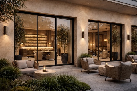 Elewacja nowoczesnego lokalu wykończona spiekiem Laminam Gemini Pelle w ciepłej beżowej kolorystyce.