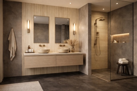 Nowoczesna łazienka z jedną ścianą wykończoną spiekiem Laminam Hado Travertino Beige, kontrastowymi ścianami i ciemną podłogą.