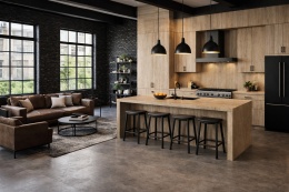 Salon z kuchnią w stylu loftowym – czarna cegła, wyspa i meble kuchenne wykończone spiekiem Laminam Hado Travertino Noce.