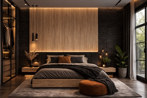 Sypialnia w stylu loftowym z dekoracyjną ścianą ze spieku Laminam Hado Travertino Noce i czarną cegłą po bokach.