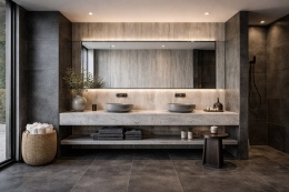 Łazienka z ciemną podłogą i ścianami podkreślającymi główną ścianę ze spieku Laminam Hado Travertino Silver.