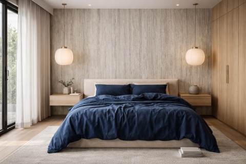 Sypialnia japandi z dekoracyjną ścianą ze spieku Laminam Hado Travertino Silver i pościelą w ciemno-niebieskim kolorze.