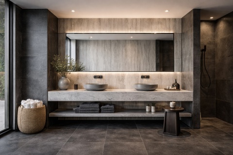 Łazienka z ciemną podłogą i ścianami podkreślającymi główną ścianę ze spieku Laminam Hado Travertino Silver