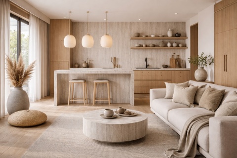 Salon z kuchnią w stylu japandi z wyspą i ścianą ze spieku Laminam Hado Travertino Silver oraz jasnymi drewnianymi meblami.