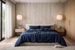 Sypialnia japandi z dekoracyjną ścianą ze spieku Laminam Hado Travertino Silver i pościelą w ciemno-niebieskim kolorze.