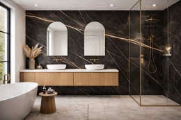 Łazienka z dekoracyjną ścianą ze spieku Laminam Sahara Noir Extra i złotą armaturą.