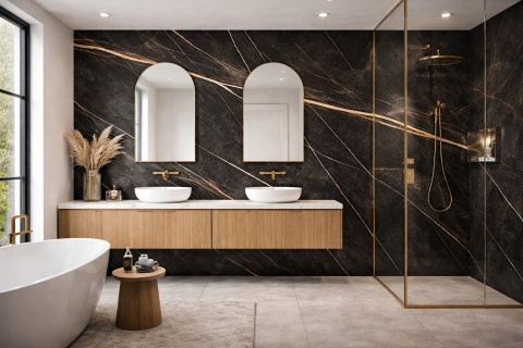 Łazienka z dekoracyjną ścianą ze spieku Laminam Sahara Noir Extra i złotą armaturą.