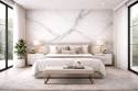Sypialnia z dekoracyjną ścianą za łóżkiem ze spieku Laminam Statuario Altissimo i jasną aranżacją wnętrza.