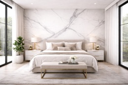 Sypialnia z dekoracyjną ścianą za łóżkiem ze spieku Laminam Statuario Altissimo i jasną aranżacją wnętrza.