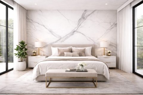 Sypialnia z dekoracyjną ścianą za łóżkiem ze spieku Laminam Statuario Altissimo i jasną aranżacją wnętrza.