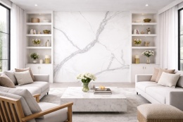 Salon z dużą ścianą ze spieku Laminam Statuario Altissimo i jasnymi meblami w eleganckim stylu.