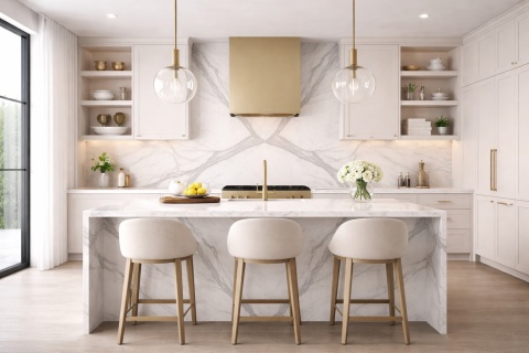 Kuchnia z wyspą i ścianą ze spieku Laminam Statuario Altissimo bookmatch w eleganckim wydaniu