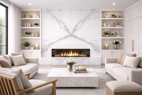 Kuchnia z wyspą i ścianą ze spieku Laminam Statuario Altissimo bookmatch w eleganckim wydaniu