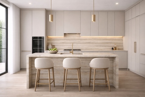 Nowoczesna kuchnia z kaszmirowymi meblami i spiekiem Laminam Travertino Grigio Venato na ścianie.