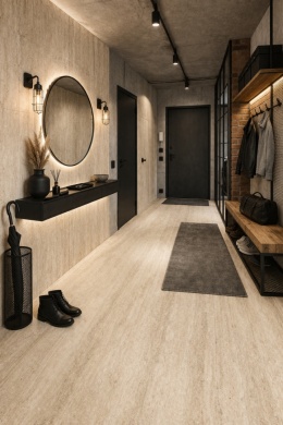 Przedpokój ze spiekiem Travertino Navona, ławką, lustrem i naturalnymi dodatkami.