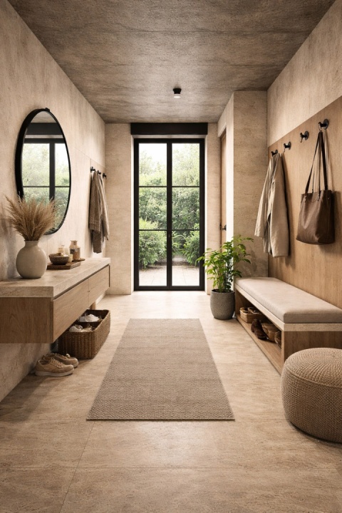 Nowoczesny przedpokój ze spiekiem Travertino Navona i jasnymi meblami w naturalnym stylu.