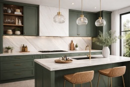 Kuchnia z zielonymi meblami i ścianą ze spieku Laminam Bianco Lasa Naturale z subtelnym marmurowym żyłkowaniem.