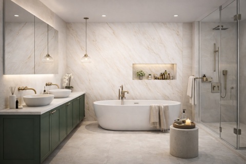Nowoczesna łazienka z wanną i ścianą ze spieku Laminam Bianco Lasa Naturale o delikatnym marmurowym rysunku.