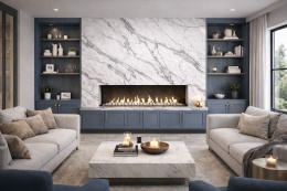 Kominek obudowany spiekiem Laminam Bianco Statuario Venato Naturale z niebieską zabudową meblową.