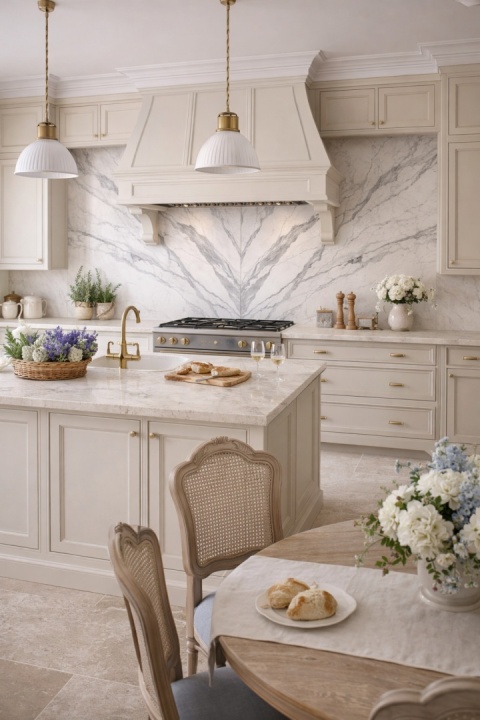 Jasna kuchnia z wyspą i spiekiem Bianco Statuario Venato bookmatch na ścianie.