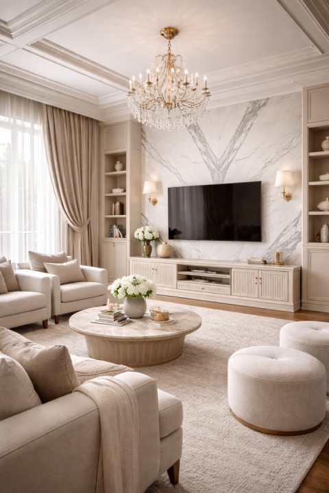 Ściana TV ze spieku marmurowego Bianco Statuario Venato w eleganckim salonie klasycznym.