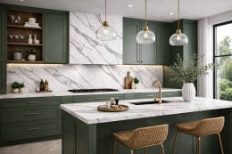 Kuchnia z wyspą i ścianą ze spieku Laminam Bianco Statuario Venato Naturale o marmurowym rysunku.