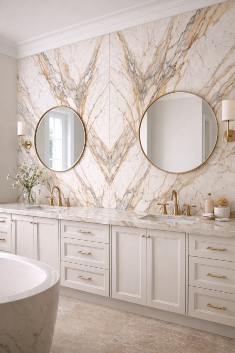 Łazienka z podwójną umywalką i ścianą ze spieku Calacatta Mediceo w układzie bookmatch ze złotymi detalami.