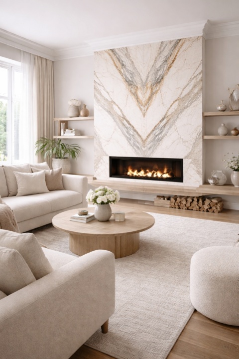 Salon skandynawski z kominkiem i ścianą ze spieku Calacatta Mediceo w układzie bookmatch oraz jasnymi meblami