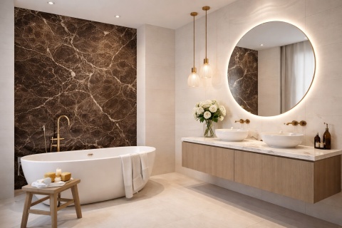 Nowoczesna łazienka z jedną ścianą w spieku Emperador Extra, jasnymi płytkami, wanną wolnostojącą i złotymi dodatkami.