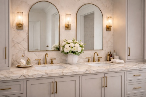 Blat łazienkowy ze spieku Fusion White z podwójną umywalką, złotą armaturą i jasną elegancką zabudową.
