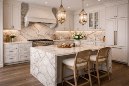 Kuchnia w stylu neoklasycznym z wyspą i blatami ze spieku Fusion White, jasna zabudowa i złote detale.
