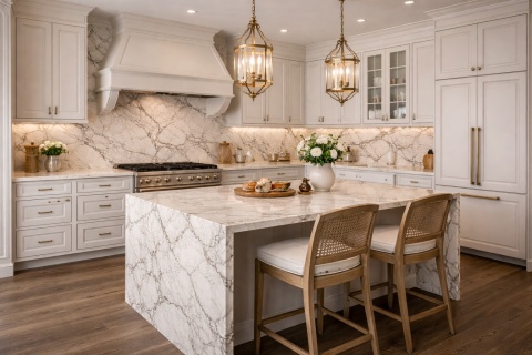 Kuchnia w stylu neoklasycznym z wyspą i blatami ze spieku Fusion White, jasna zabudowa i złote detale.