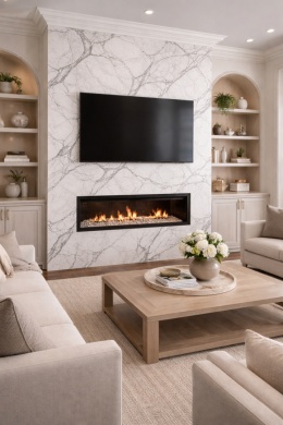 Ściana TV z kominkiem w salonie wykończona spiekiem Invisible White, jasne meble i elegancka zabudowa.
