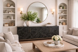 Salon z szafką w spieku Nero Greco, jasne ściany, złote detale i eleganckie, kontrastowe wnętrze.