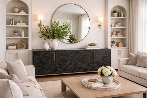 Salon z szafką w spieku Nero Greco, jasne ściany, złote detale i eleganckie, kontrastowe wnętrze.