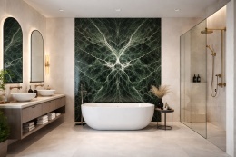 Luksusowa łazienka z ozdobną ścianą Verde Alpi, jasnymi ścianami, wanną wolnostojącą i szklaną kabiną prysznicową.