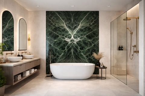 Luksusowa łazienka z ozdobną ścianą Verde Alpi, jasnymi ścianami, wanną wolnostojącą i szklaną kabiną prysznicową.