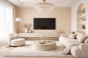 Nowoczesny salon w stylu neo z dekoracyjną ścianą w spieku Laminam KI NO BI Enoki Avorio i jasnymi meblami