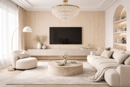 Nowoczesny salon w stylu neo z dekoracyjną ścianą w spieku Laminam KI NO BI Enoki Avorio i jasnymi meblami