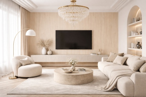 Nowoczesny salon w stylu neo z dekoracyjną ścianą w spieku Laminam KI NO BI Enoki Avorio i jasnymi meblami