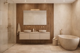 Nowoczesna łazienka z dekoracyjną ścianą ze spieku Laminam KI NO BI Kuri Caramello, beżowymi płytkami i złotą armaturą