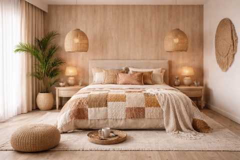 Sypialnia w stylu boho z dekoracyjną ścianą ze spieku Laminam KI NO BI Sugi Beige i patchworkową kapą