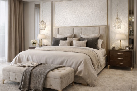 Sypialnia glamour z dekoracyjną ścianą ze spieku Laminam Ardesia Bianco a Spacco za łóżkiem.