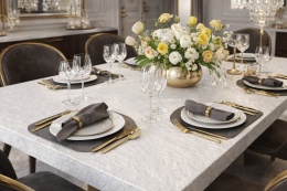 Stół z blatem ze spieku Laminam Ardesia Bianco a Spacco z elegancką zastawą i wiosennym bukietem kwiatów.